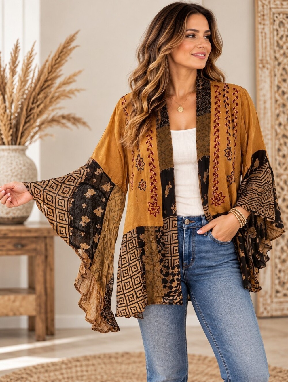 🌵594.Boho Embroidered Patchwork Bell Sleeves Kimono Cardigan